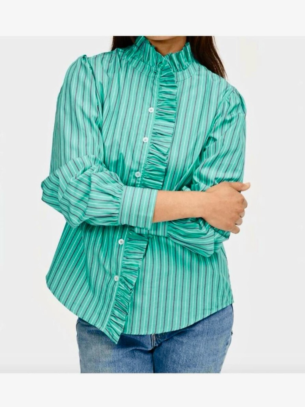 Clare V Cotton Teal Green Striped Ruffle-Front Shirt.